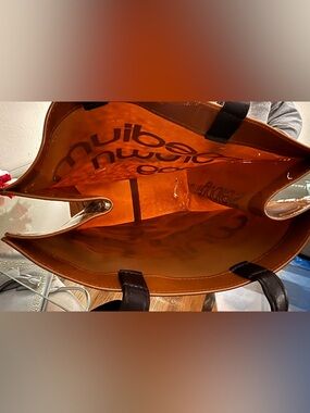 Bloomingdale's Amber Brown Vinyl Tote Bag with Black Handles